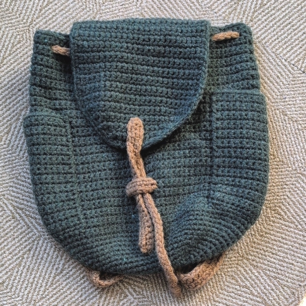 Handmade Crochet Knit Backpack Purse in Green & Brown Small Size